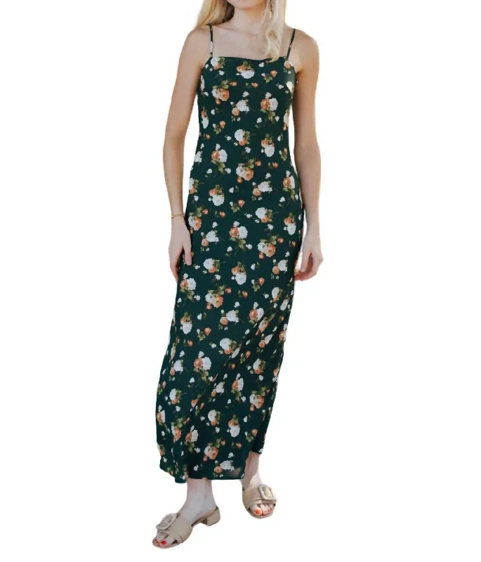 Women's Casual Wear Outfit Y2K Nostalgic Fashion Look Floral Dress In Hunter Green