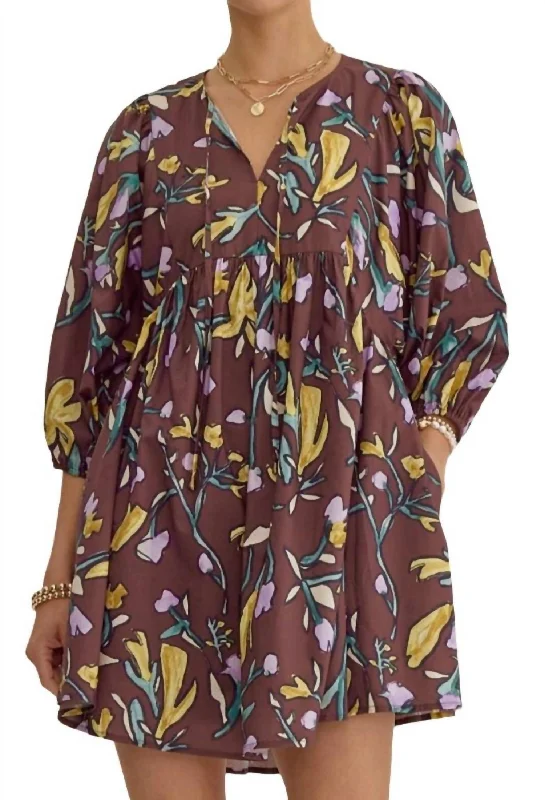 Formal Outfit For Women Dreamy Draping Floral Half Sleeve Mini Dress In Espresso Print