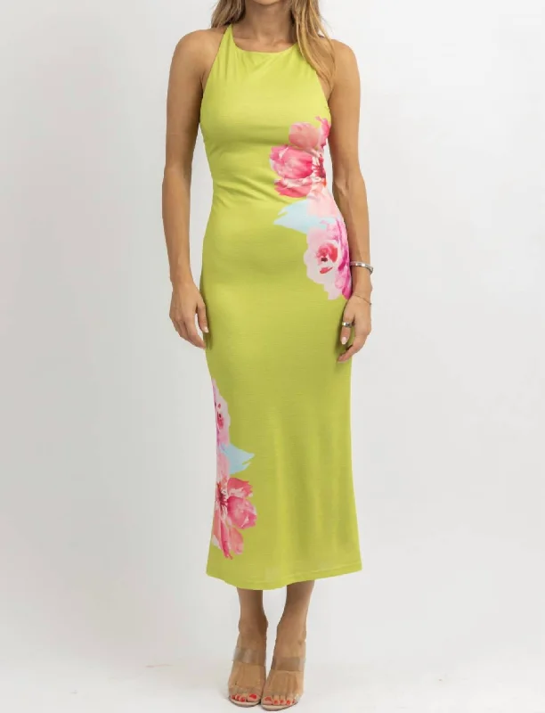 Women's High-Fashion Apparel Art Deco Geometric Pattern Look Floral Maxi Dress In Pistachio