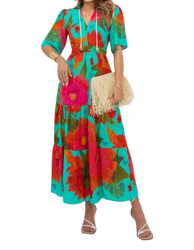 Tailored Clothing For Women Graceful Drape Floral Maxi Dress In Turquoise