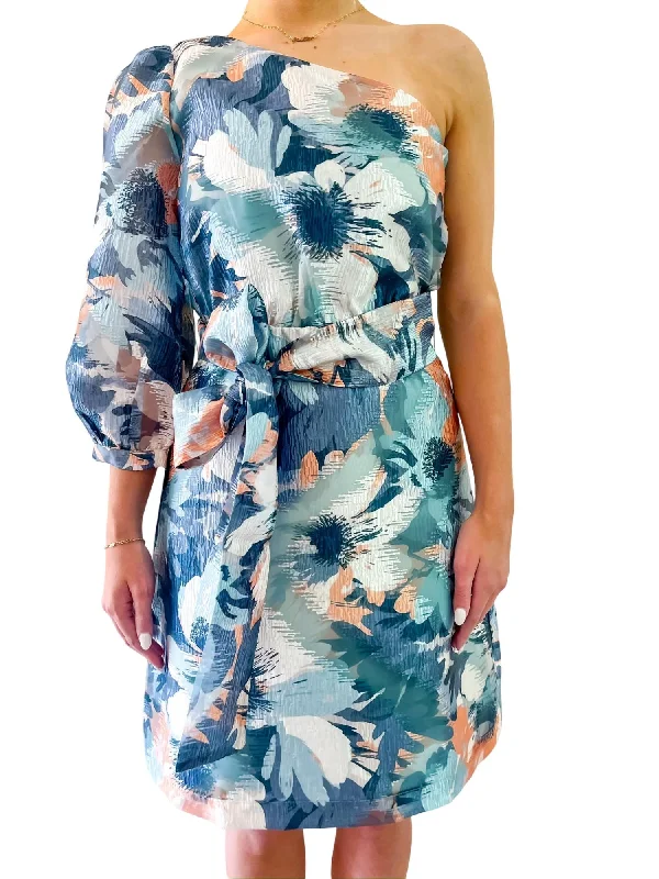 Women's Clothes For Work Events Charming Silhouette Floral Monet One Shoulder Dress In Blue/peach