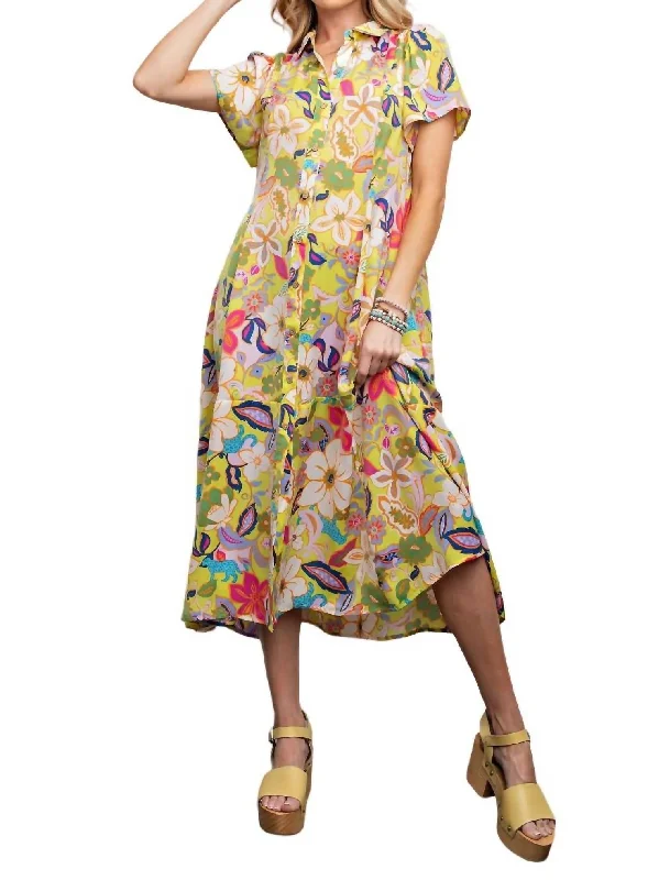 Women's Occasion Wear Clothing Feminine Grace Floral Print Mirabelle Satin Shirt Maxi Dress In Pineapple