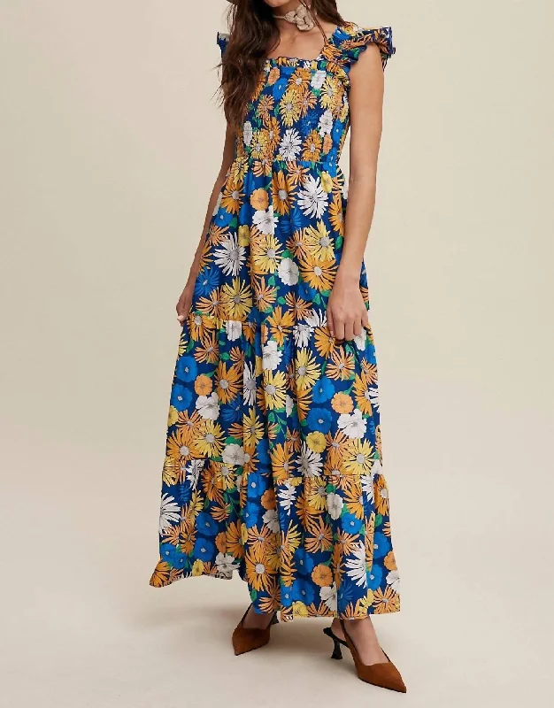 Chic Women's Outfit Ethnic Cultural Event Wear Flower Print Maxi Dress In Blue Floral