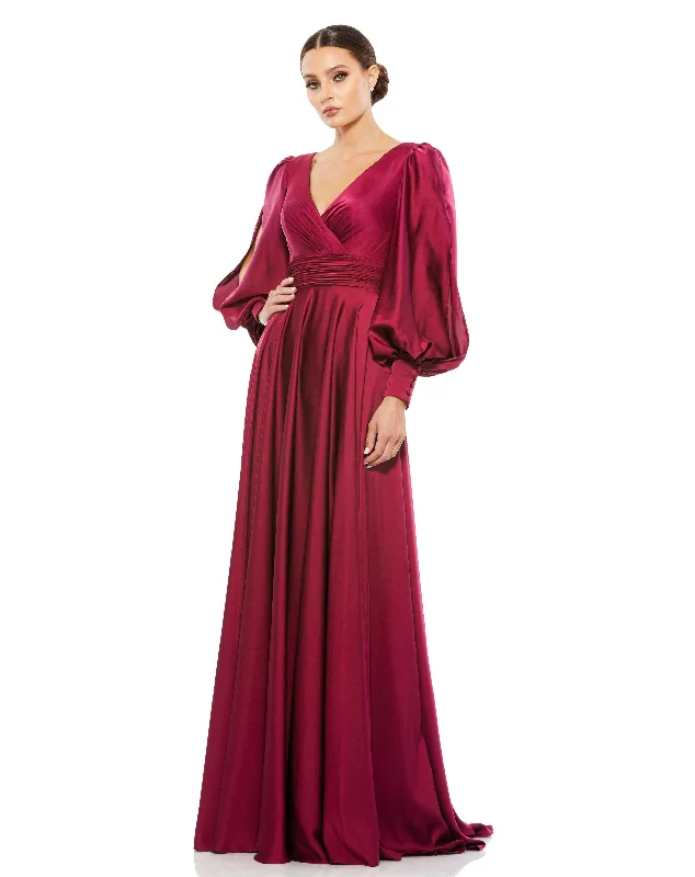 Women's Evening Garments Charming Silhouette Flowy Split Bishop Sleeve Faux Wrap Gown