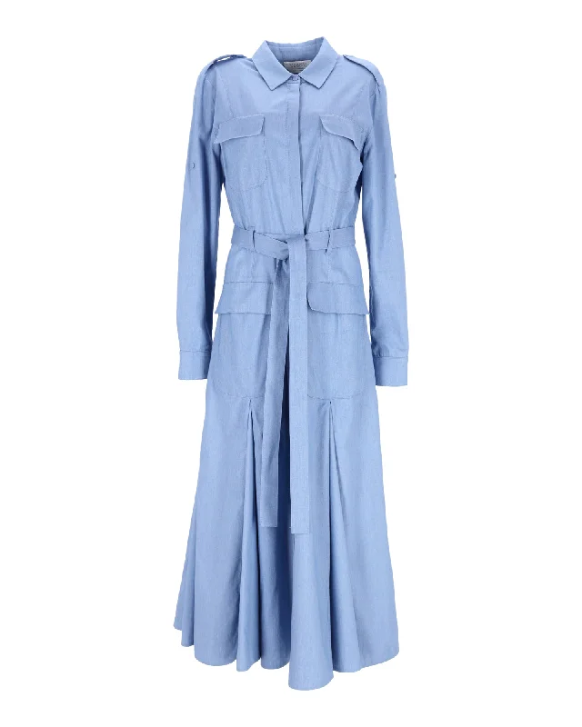 Women's Travel Outfit Set Y2K Nostalgic Fashion Look Gabriela Hearst Meyer Pleated Belted Shirt Dress In Blue Cotton