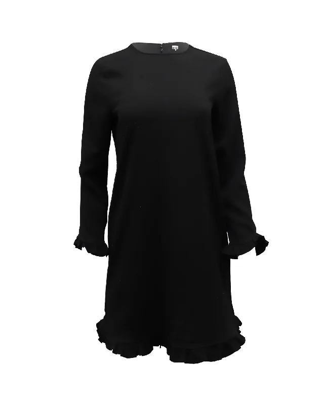 Stylish Women's Garments Romantic Detailing Ganni Clark Ruffled Long Sleeve Dress in Black Polyester