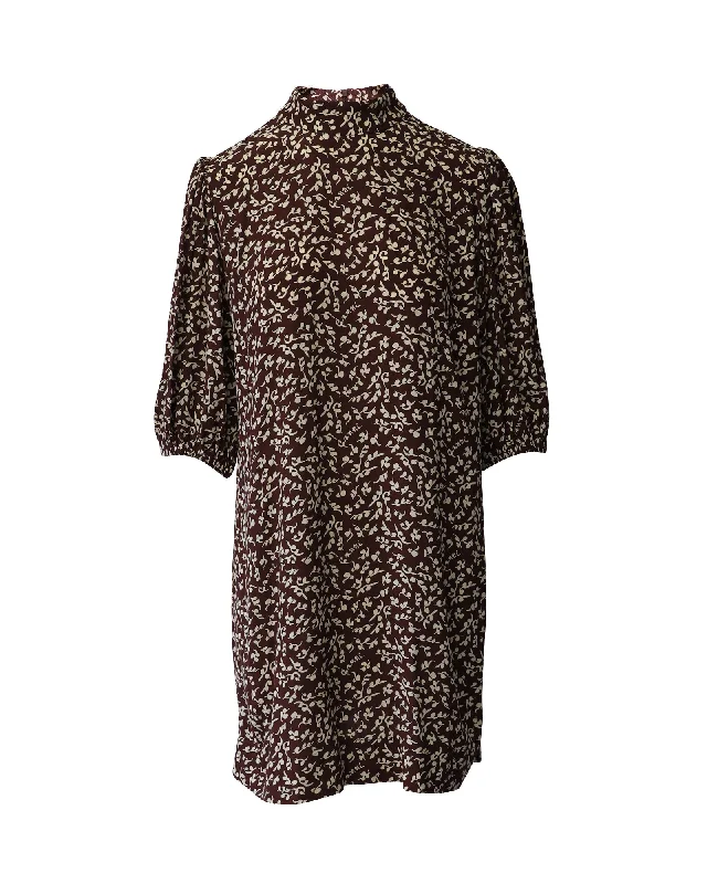 Chic Clothing For Women Graceful Drape Ganni Foliage-Print Mini Shirt Dress in Brown Print Viscose