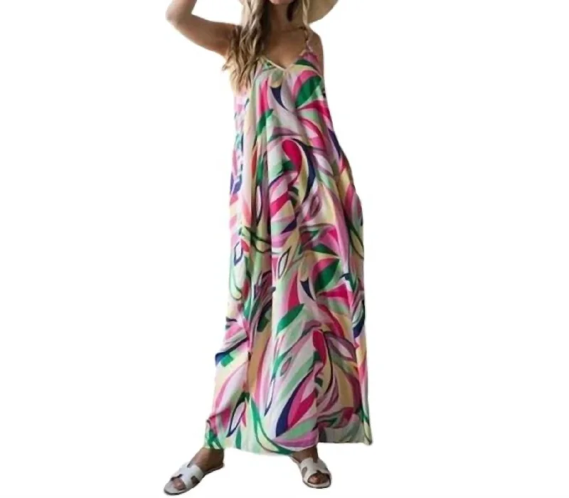 Women's Seasonal Wardrobe Clothing Art Deco Geometric Pattern Look Genevieve Colorful Swirl Maxi Dress In Multicolor