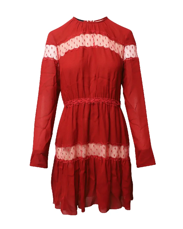 Women's Evening Wear Attire Limited - Edition Drops Giambattista Valli Long Sleeves Lace Trim Dress in Red Viscose