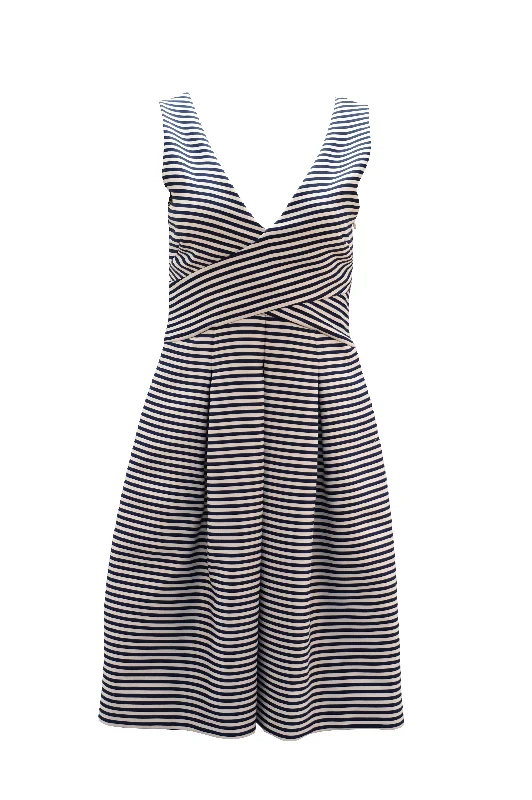 Women's Workout Garments Limited - Stock Halston Heritage Sleeveless Stripe Dress in Blue Print Polyester