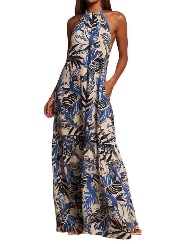 Charming Women's Clothes For Special Events Art Deco Geometric Pattern Look Hannah Halter Maxi Dress In Parrot Blues