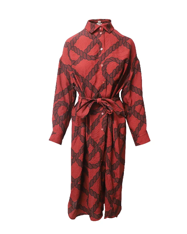 Women's Holiday Clothing Disco - Inspired Retro Dance Look Hermes Rope Print Shirt Dress in Red Silk