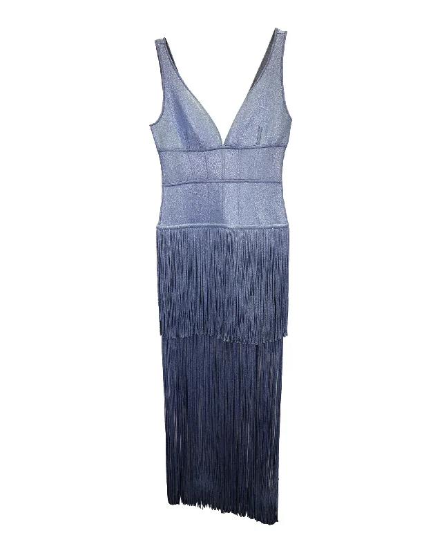 Women's Clothing For Special Occasions Elegant Contour Herve Leger Abalone Fringe Bandage Maxi Dress in Blue Rayon