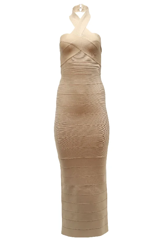 Women's Clothing Apparel Save on Classic Elegant Styles Herve Leger Bandage Halter Neck Gown in Beige Rayon