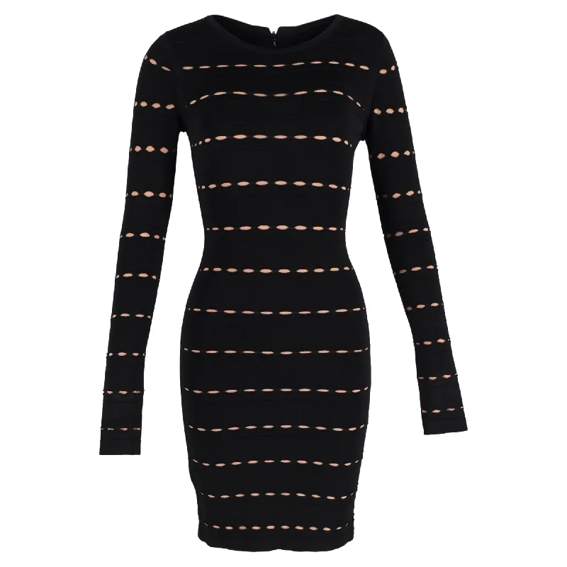 Women's Fashionable Attire For Work Today Only Herve Leger Elaine Long Sleeve Bodycon Dress in Black Cotton