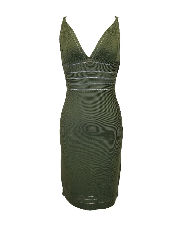 Women's Outfit For The Office Effortless Comfort Herve Leger Mesh Panel Sleeveless Bandage Dress in Green Rayon