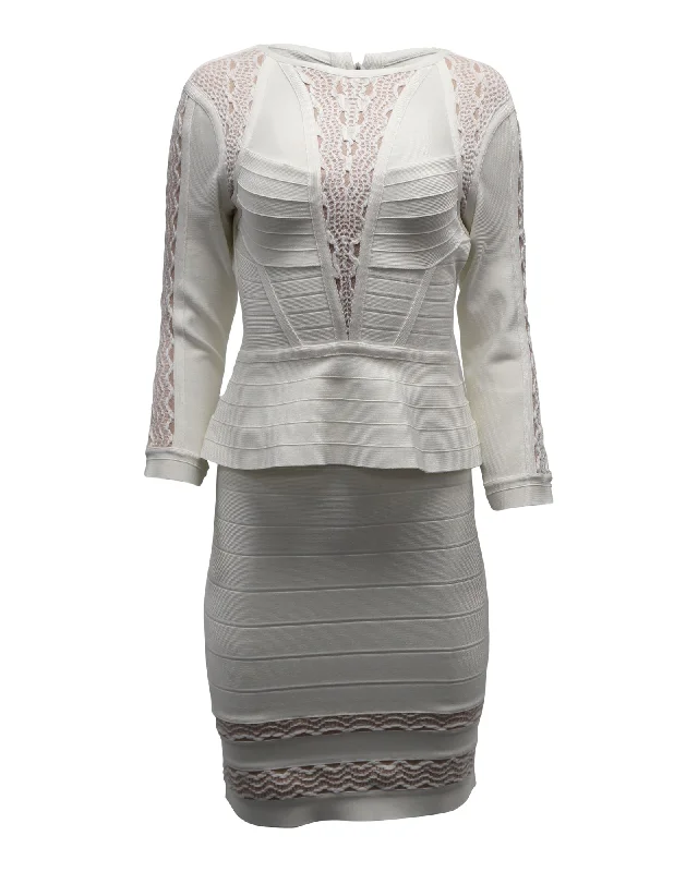 Women's Evening Attire Fashion-Forward Style Herve Leger Peplum Bodycon Dress in White Rayon