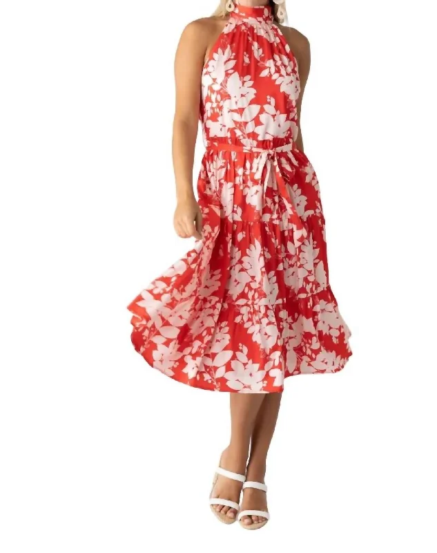 Affordable Women's Outfit Chic Urban Fashion Look High Neck Floral Midi Dress In Red