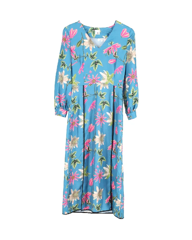 Stylish Outerwear Clothes For Women Playful Elegance Iris & Ink Floral Midi Dress in Blue Silk