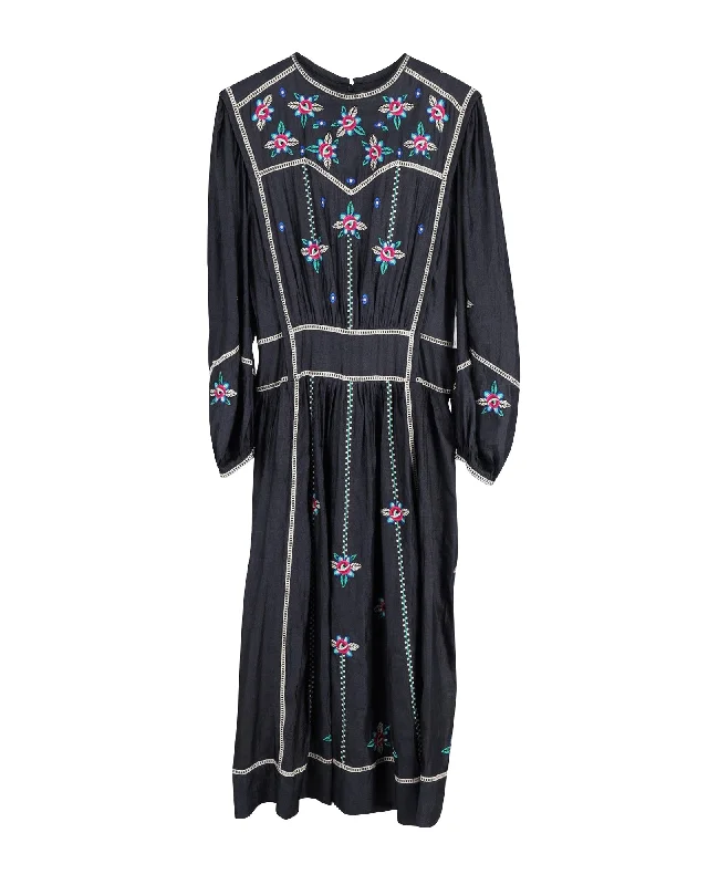 Comfortable Lounge Clothing Flash Sale Isabel Marant Caroline Floral-embroidered Midi Dress in Black Silk