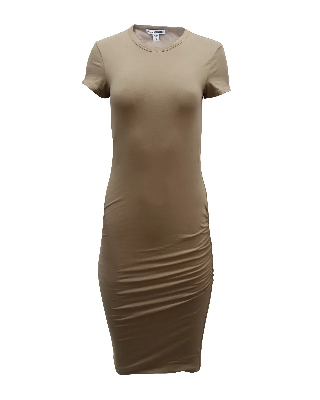 Stylish Women's Outfit Mid - Season Sale James Perse Ruched T-shirt Dress in Tan Cotton