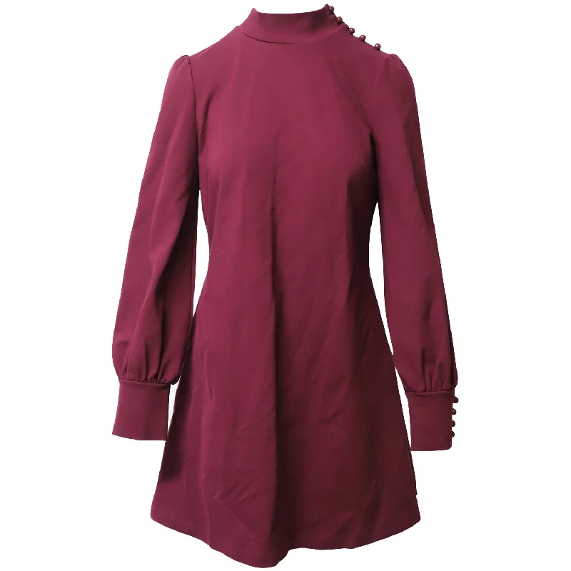 Women's Comfy Attire For Lounging Everyday Glamour Kate Spade Turtle Neck Puffy Long Sleeve Shift Dress in Maroon Rayon