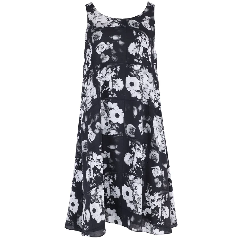 Women's Chic Apparel Elegant Contour Kenzo Floral Print Midi Dress in Black and White Silk