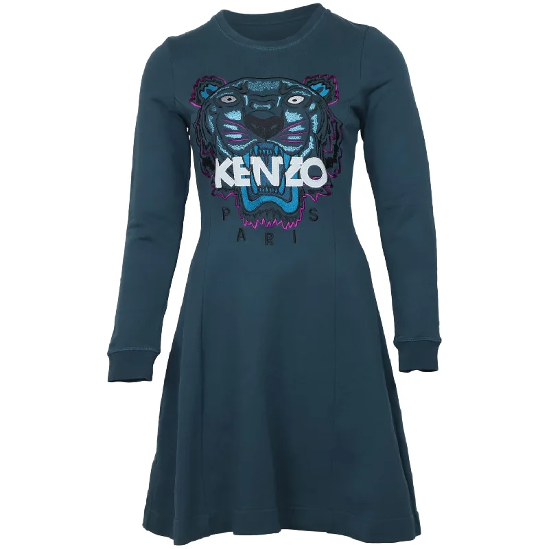 Women's Clothing For Outdoor Events Cottagecore Rustic Charm Style Kenzo Tiger Motif Embroidered Long Sleeve Sweatshirt Dress in Teal Cotton