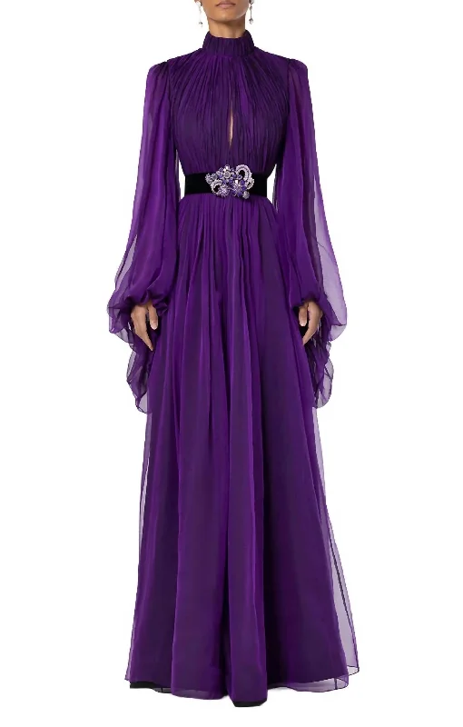 Women's Seasonal Apparel Limited - Edition Drops Long Sleeve Chiffon High Neck Gown In Purple