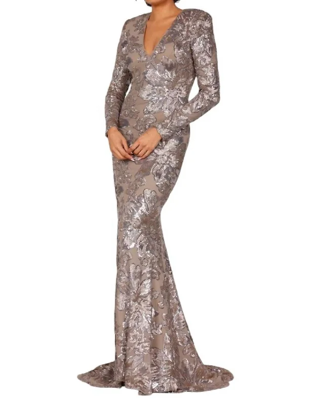 Women's Chic Outerwear Attire End - of - Month Blowout Long Sleeves Long Sequined Mesh Evening Dress In Taupe Silver