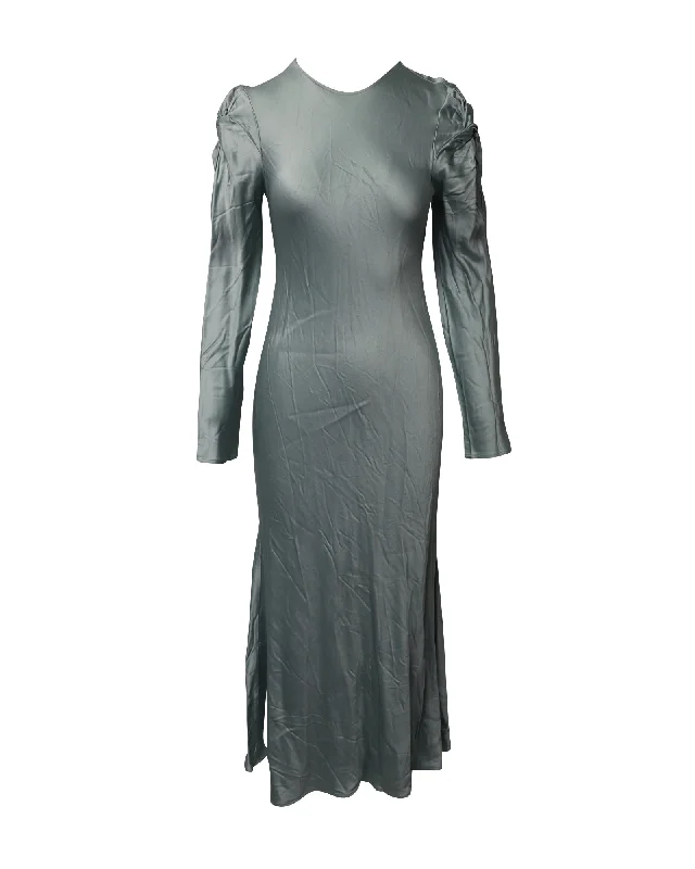 Women's Attire Dreamy Draping Maggie Marilyn Puff Long Sleeves Evening Gown in Teal Silk