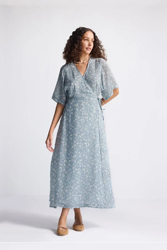 Casual Apparel For Women Casual Elegance Maxi Wrap Dress in Light Blue Florals