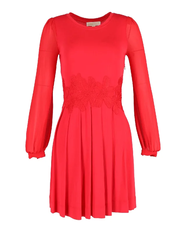 Women's Fashionable Attire For Work Modern Romance Michael Michael Kors Lace-Trim Long Sleeve Dress in Red Viscose