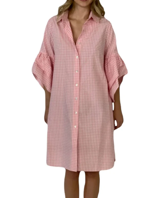 Women's Elegant Clothes Flash Sale Pansy Checkered Ruffled Shirt Dress In Pink