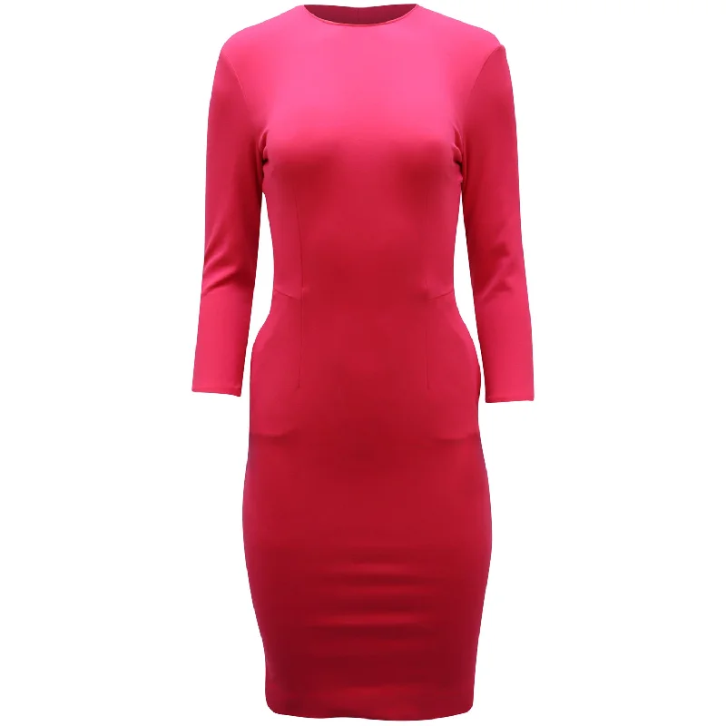 Women's Vacation Attire Art Deco Geometric Pattern Look Pierre Balmain Knit Bodycon Midi Dress in Pink Viscose