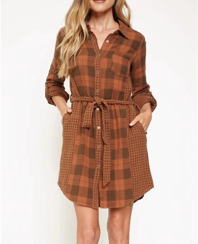 Women's Clothing With Trendy Designs Rustic Countryside Charm Look Plaid Shirt Dress In Rust