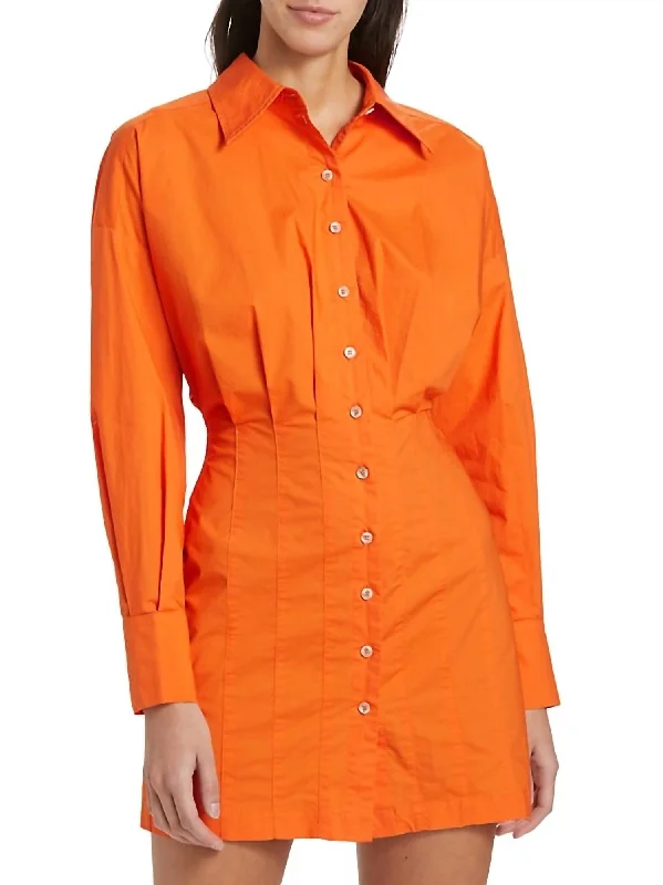 Women's Seasonal Clothing Elegant Contour Pleated Shirt Dress In Tangerine