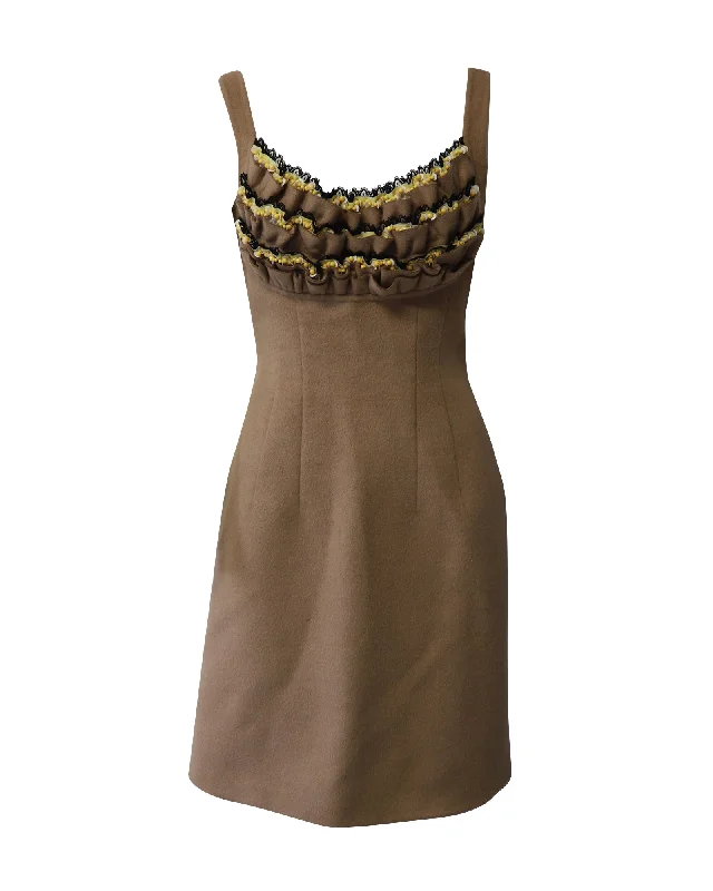 Women's Layered Outfit Luxury Comfort Prada Beaded Ruffle Sleeveless Dress in Nude Brown Wool