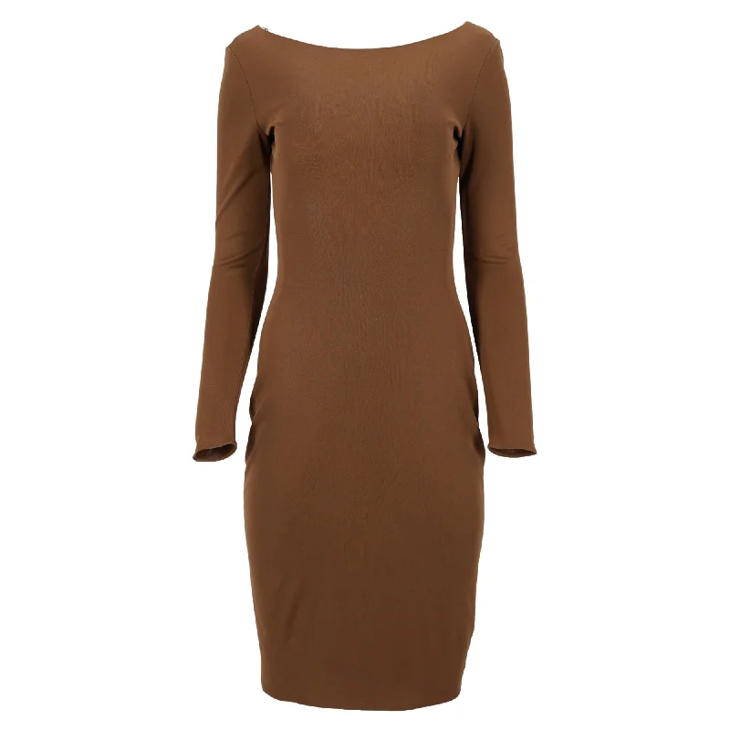 Elegant Women's Evening Garments Cottagecore Rustic Charm Style Ralph Lauren Collection Long Sleeve Dress in Brown Cotton