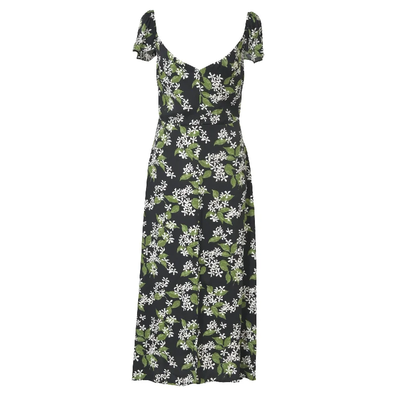 Women's Work Outfit Feminine Flow Reformation Baxley Floral Print Midi Dress in Black and Green Viscose