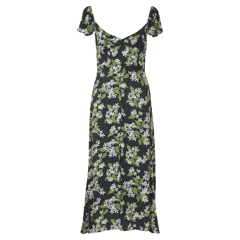 Women's Holiday Outfit Boho - Chic Festival - Ready Style Reformation Baxley Floral Print Midi Dress in Black and Green Viscose