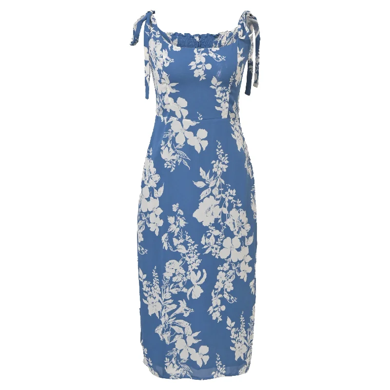 Women's Activewear Outfit Coastal Beach - Inspired Style Reformation Floral Besse Dress in Blue Viscose