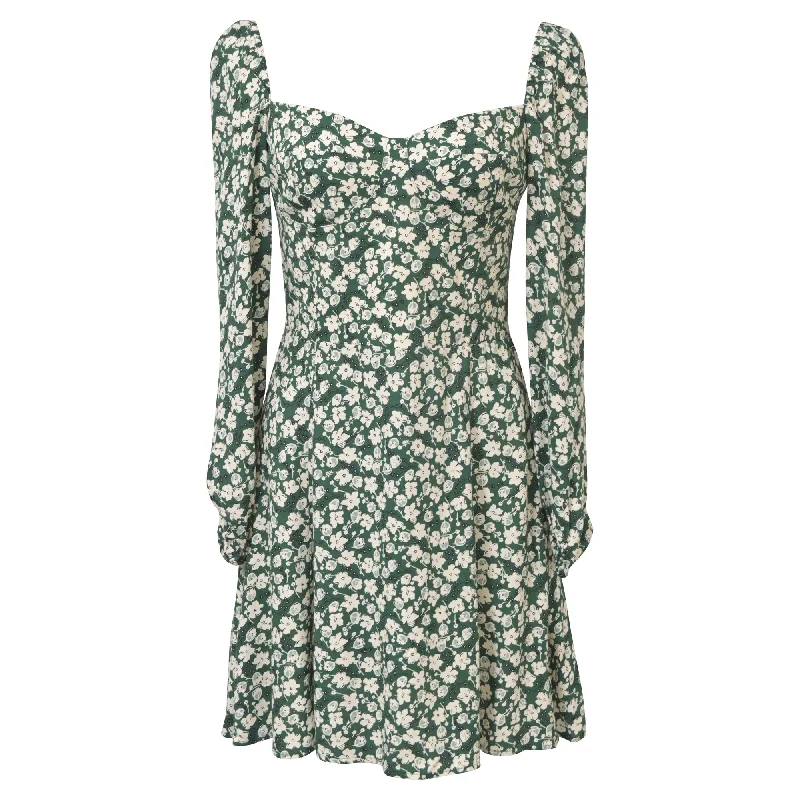 Women's Elegant Outfit Parisian Effortless Chic Style Reformation Floral-Print Mochi Mini Dress in Green Viscose