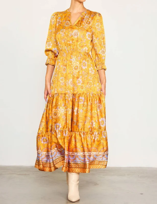 Women's Sporty Clothes Feminine Elegance Retro Floral Maxi Dress In Mustard