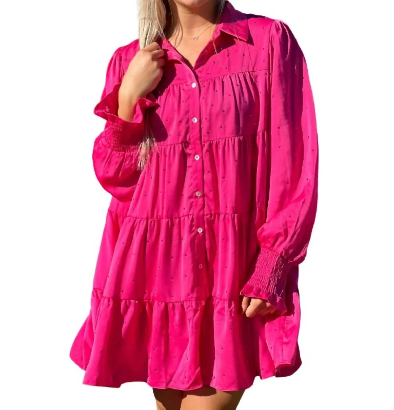 Women's High-Fashion Outfit Romantic Date - Night Ensemble Rhinestone Button Down Shirt Dress In Hot Pink