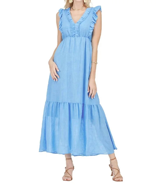 Modern Women's Clothes Tropical Island - Inspired Attire Ruched V-Neck Maxi Dress In Sky