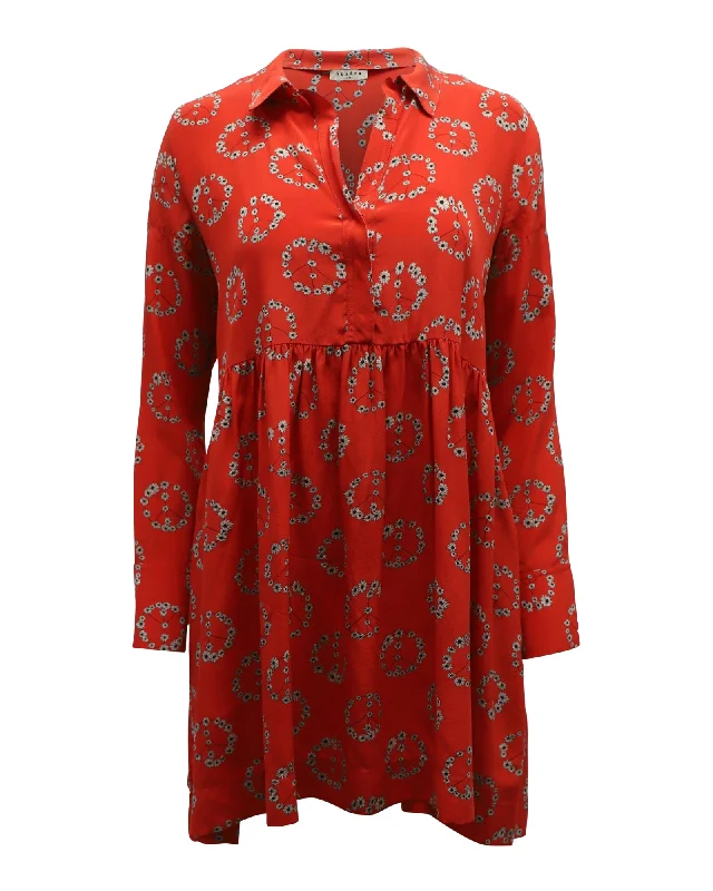 Women's Clothes And Garments Elegant Contour Sandro Paris Long Sleeve Mini Shift Dress in Red Print Silk