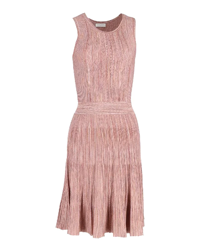 Women's Stylish Outdoor Outfit Casual Weekend Relaxed Style Sandro Sleeveless Striped Dress in Pink Viscose