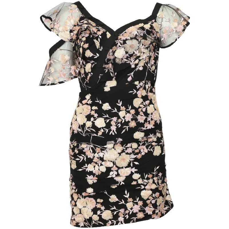 Women's Holiday Clothing Minimalist Office - Ready Style Self-Portrait Frilled Floral One-Shoulder Mesh Dress in Black Polyester