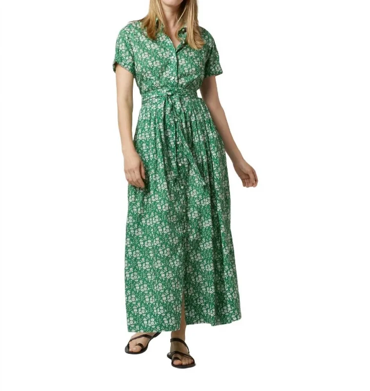 Women's Casual Wear Clothing Classic Charm Short-Sleeved Classic Shirtwaist Maxi Dress In Green Capel Liberty Fabric